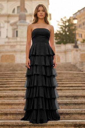 Purple Strapless A Line Chiffon Long Prom Dress With Ruffles - KissProm