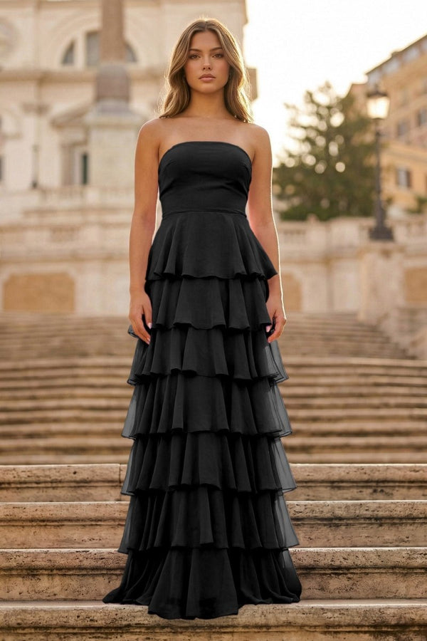 Purple Strapless A Line Chiffon Long Prom Dress With Ruffles - KissProm
