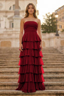 Purple Strapless A Line Chiffon Long Prom Dress With Ruffles - KissProm