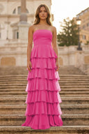 Purple Strapless A Line Chiffon Long Prom Dress With Ruffles - KissProm