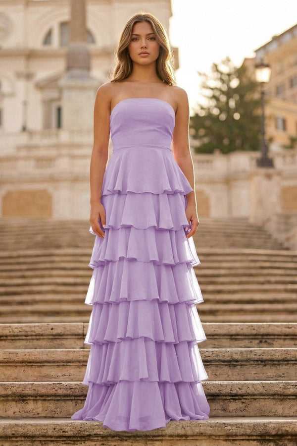 KissProm Purple Strapless A Line Chiffon Long Prom Dress With Ruffles, Aqua / 10