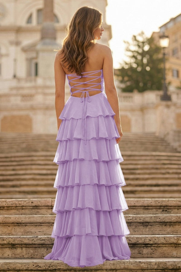 Purple Strapless A Line Chiffon Long Prom Dress With Ruffles - KissProm