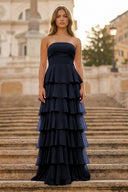 Purple Strapless A Line Chiffon Long Prom Dress With Ruffles - KissProm