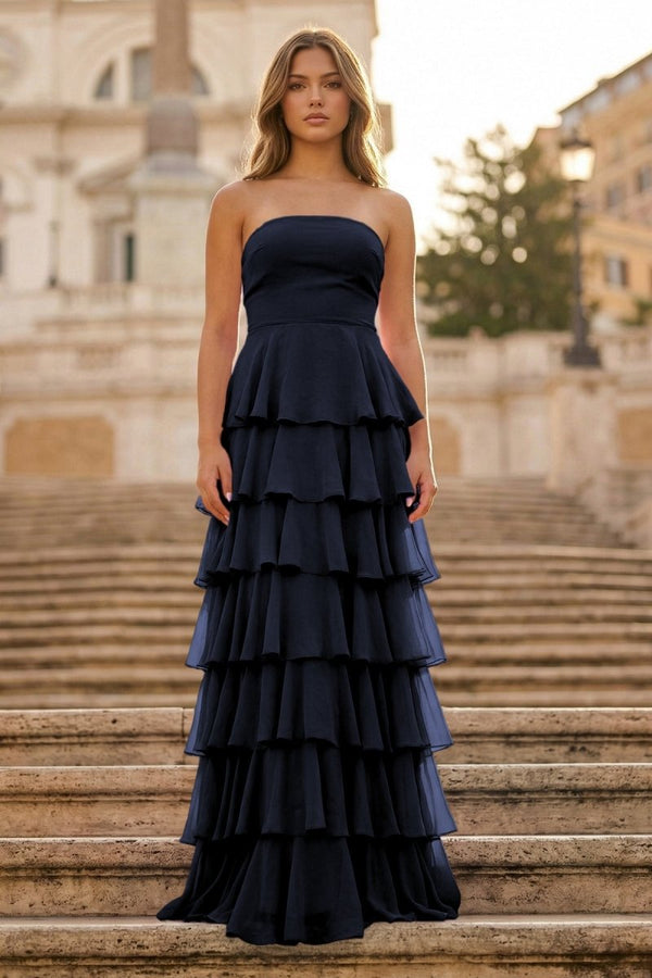 Purple Strapless A Line Chiffon Long Prom Dress With Ruffles - KissProm