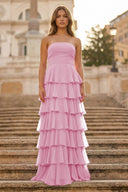 Purple Strapless A Line Chiffon Long Prom Dress With Ruffles - KissProm