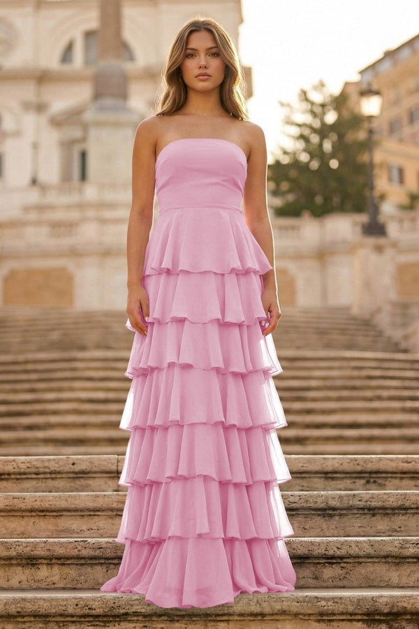Purple Strapless A Line Chiffon Long Prom Dress With Ruffles - KissProm
