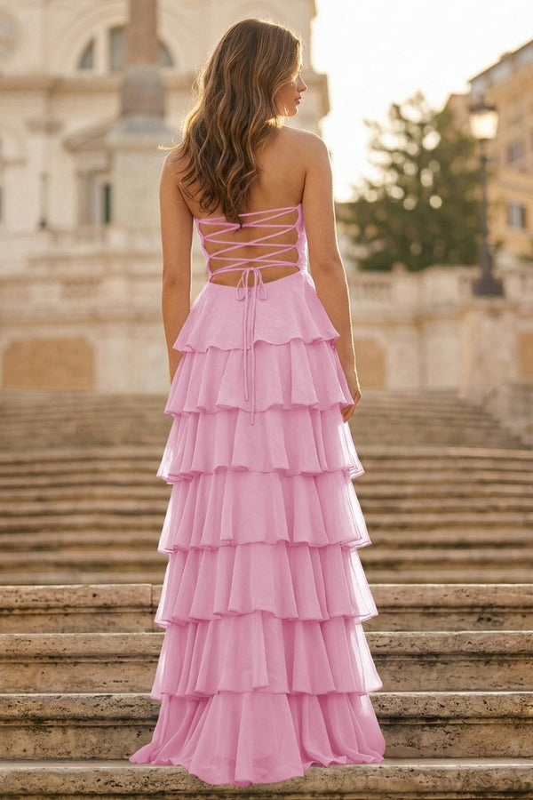 Purple Strapless A Line Chiffon Long Prom Dress With Ruffles - KissProm