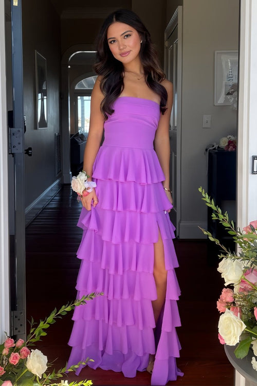 Noria | Purple - Strapless A Line Chiffon Long Prom Dress With Ruffles - KissProm