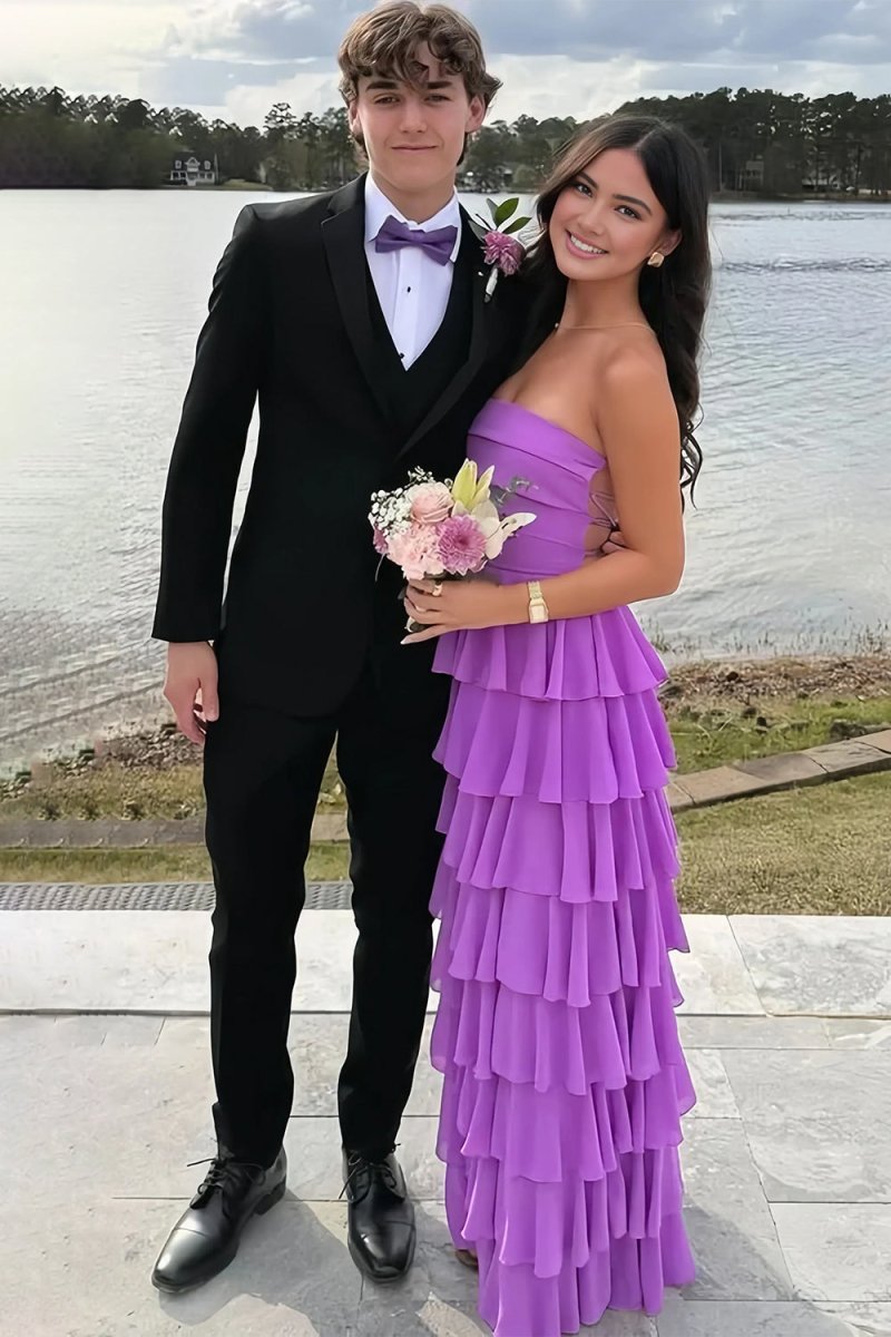 Noria | Purple - Strapless A Line Chiffon Long Prom Dress With Ruffles - KissProm