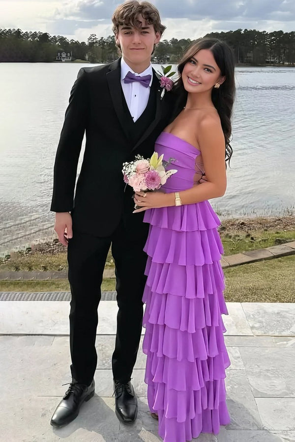 Noria | Purple - Strapless A Line Chiffon Long Prom Dress With Ruffles - KissProm