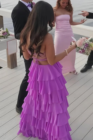 Noria | Purple - Strapless A Line Chiffon Long Prom Dress With Ruffles - KissProm