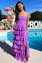 Noria | Purple - Strapless A Line Chiffon Long Prom Dress With Ruffles - KissProm
