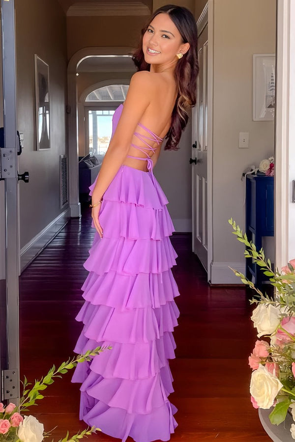Noria | Purple - Strapless A Line Chiffon Long Prom Dress With Ruffles - KissProm