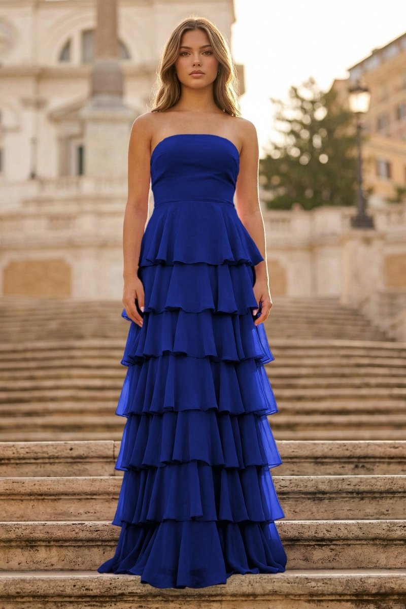 Purple Strapless A Line Chiffon Long Prom Dress With Ruffles - KissProm