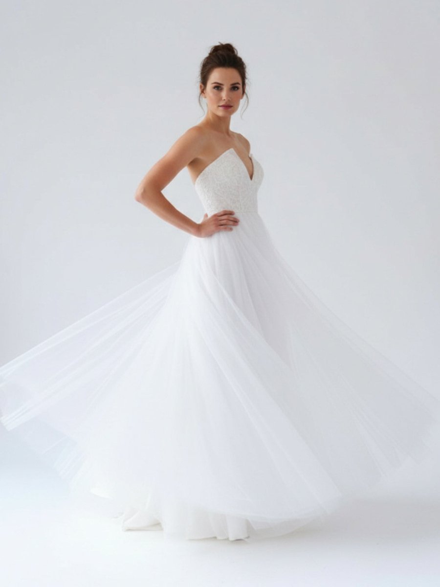 V Neck Sleeveless A - Line Long Tulle Backless White Wedding Dress - KissProm