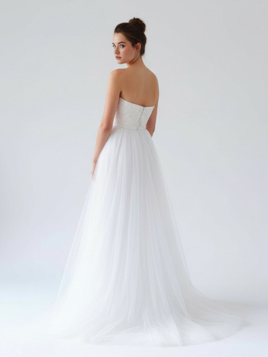 V Neck Sleeveless A - Line Long Tulle Backless White Wedding Dress - KissProm