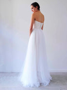 V Neck Sleeveless A - Line Long Tulle Backless White Wedding Dress - KissProm
