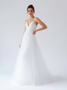 V Neck Sleeveless A - Line Long Tulle Backless White Wedding Dress - KissProm