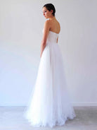 V Neck Sleeveless A - Line Long Tulle Backless White Wedding Dress - KissProm