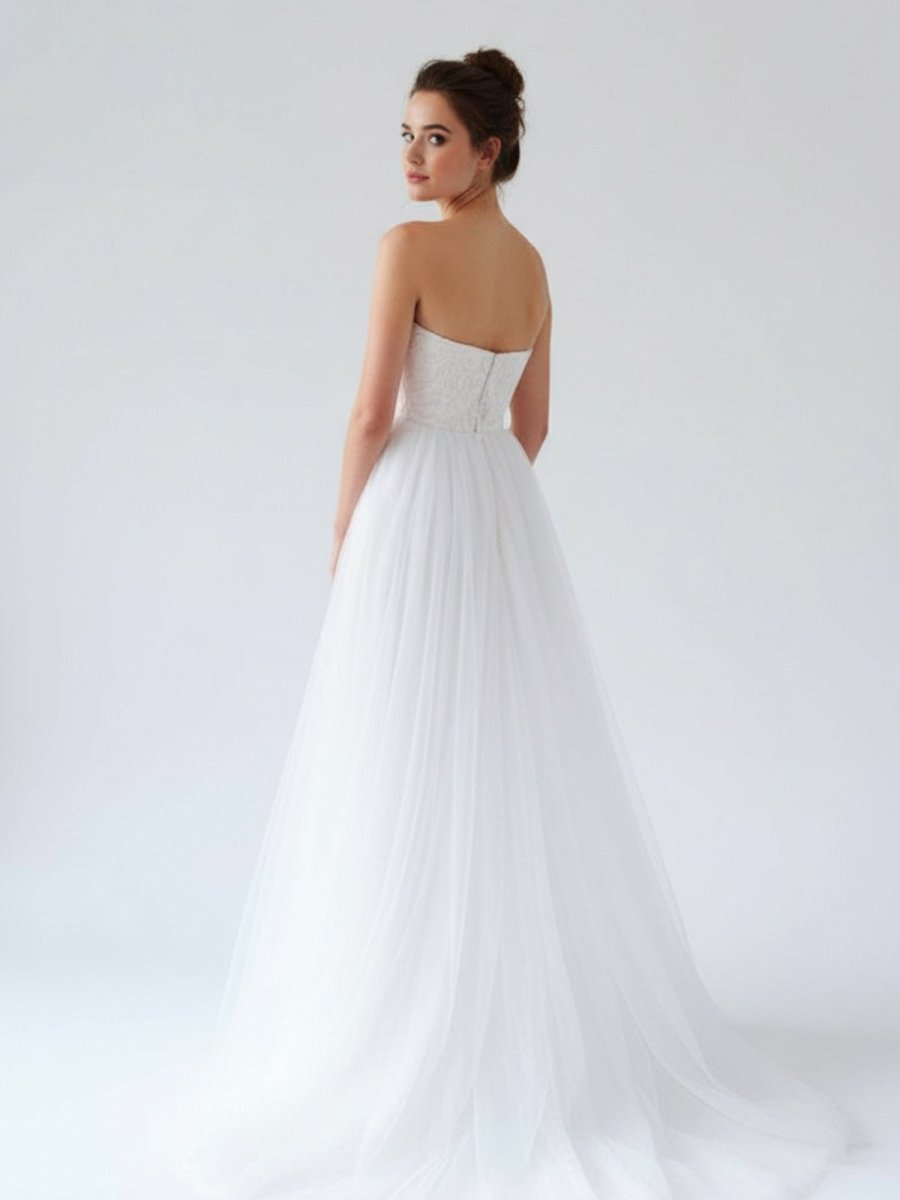 V Neck Sleeveless A - Line Long Tulle Backless White Wedding Dress - KissProm