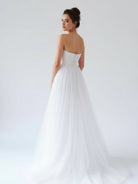 V Neck Sleeveless A - Line Long Tulle Backless White Wedding Dress - KissProm