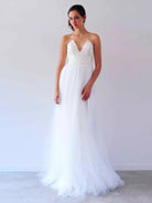 V Neck Sleeveless A - Line Long Tulle Backless White Wedding Dress - KissProm
