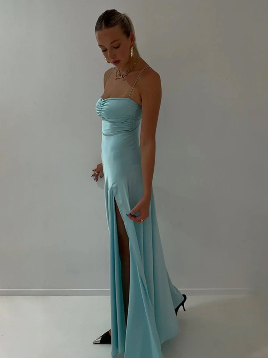 KissProm-Notori Aqua Spaghetti Straps Sheath Long Prom Dresses With Split