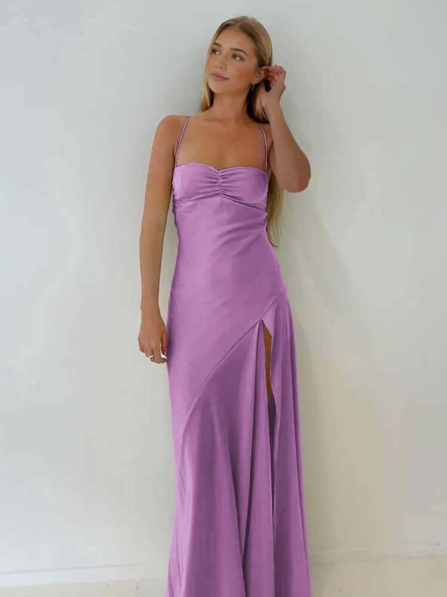 KissProm-Notori Lilac Spaghetti Straps Sheath Long Prom Dresses With Split