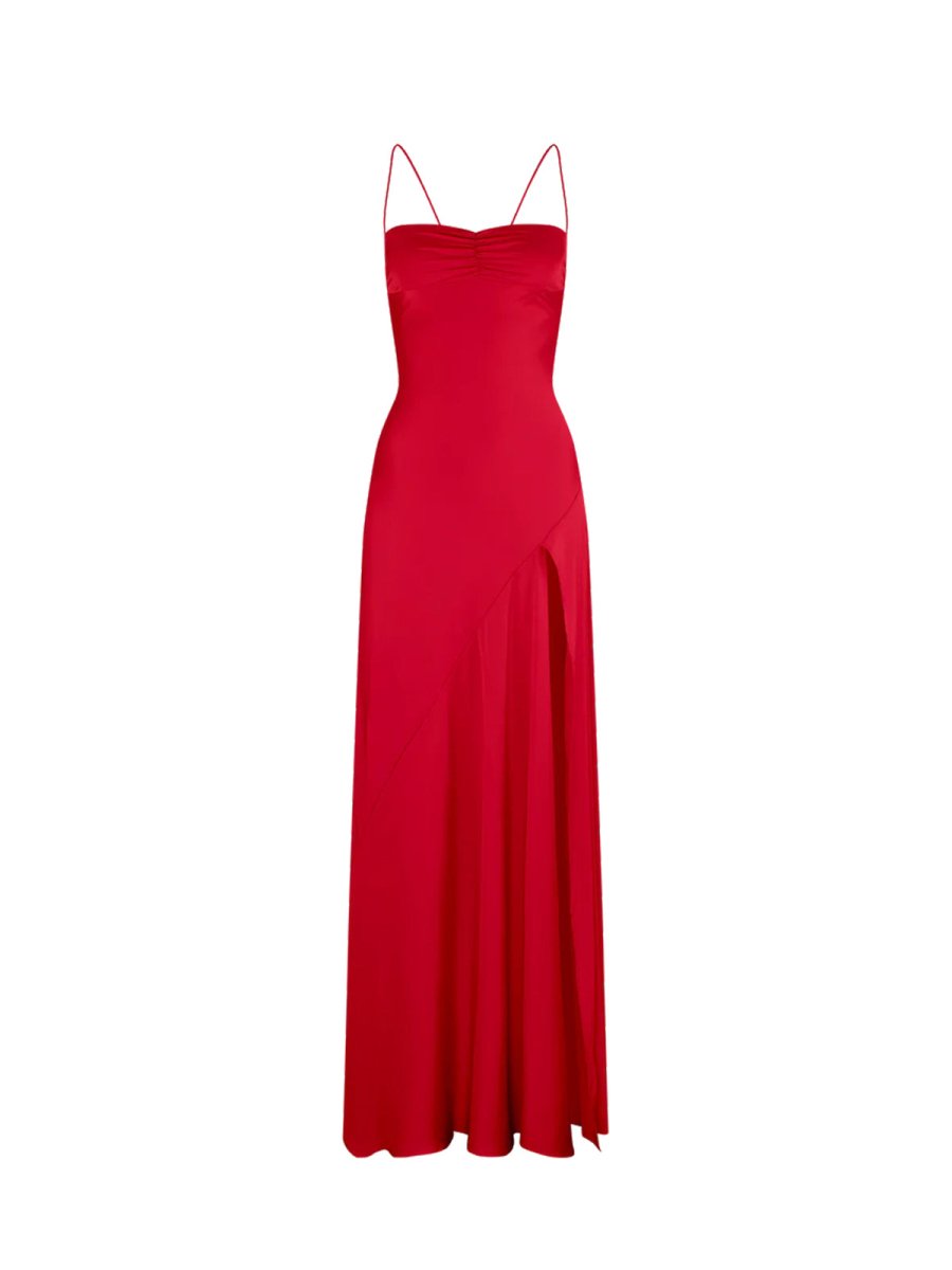 KissProm-Notori Red Spaghetti Straps Sheath Long Prom Dresses With Split