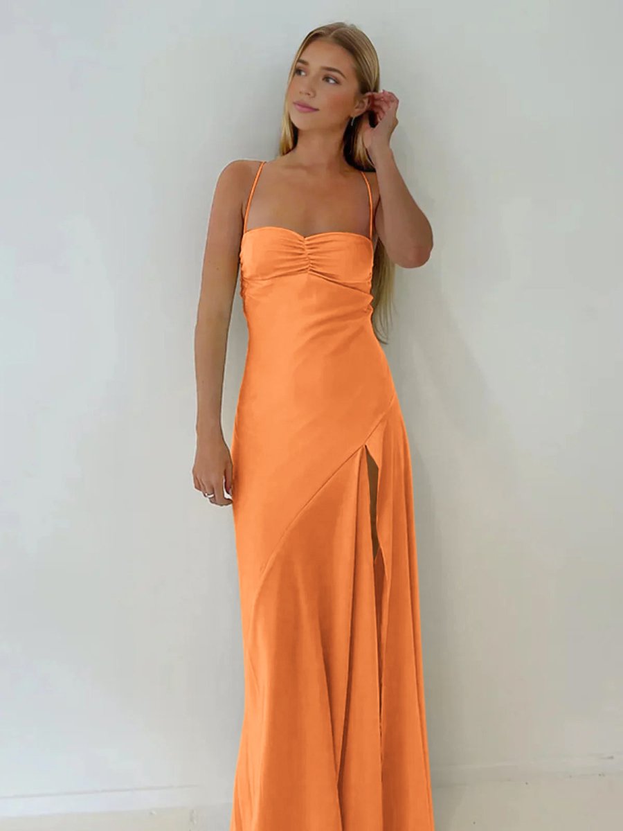 KissProm-Notori Orange Spaghetti Straps Sheath Long Prom Dresses With Split