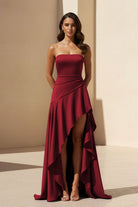 Noura | Magenta - Strapless A Line High Low Formal Prom Dresses With Ruffles - KissProm