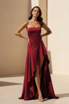 Noura | Magenta - Strapless A Line High Low Formal Prom Dresses With Ruffles - KissProm