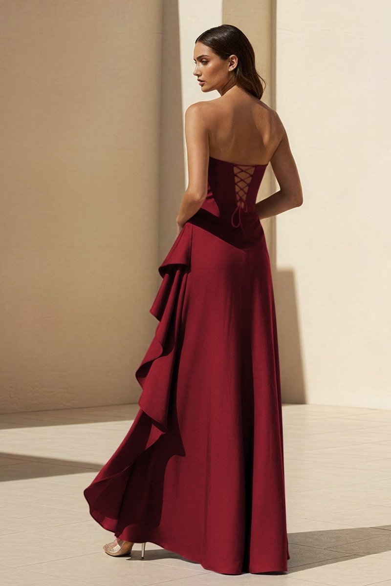 Noura | Magenta - Strapless A Line High Low Formal Prom Dresses With Ruffles - KissProm