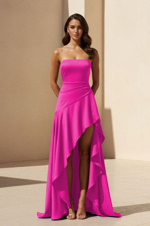 Noura | Magenta - Strapless A Line High Low Formal Prom Dresses With Ruffles - KissProm