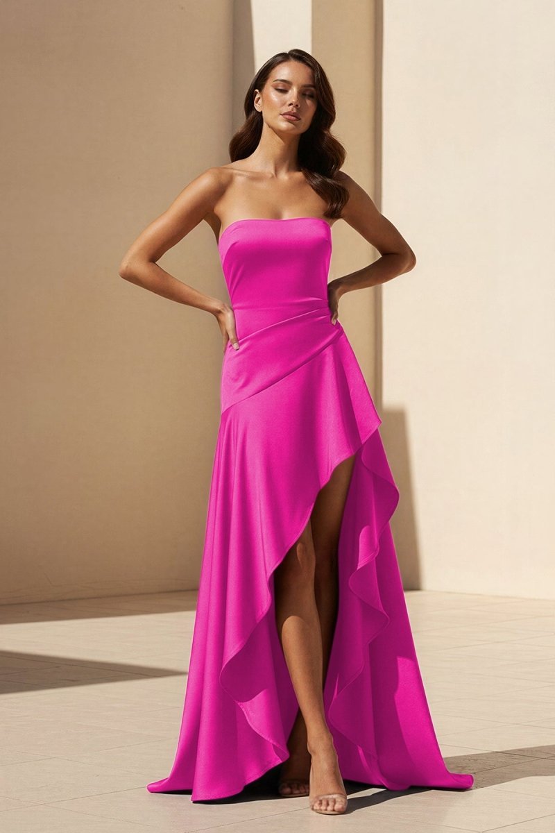 Noura | Magenta - Strapless A Line High Low Formal Prom Dresses With Ruffles - KissProm