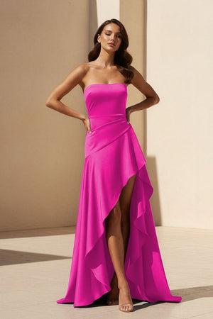 Noura | Magenta - Strapless A Line High Low Formal Prom Dresses With Ruffles - KissProm