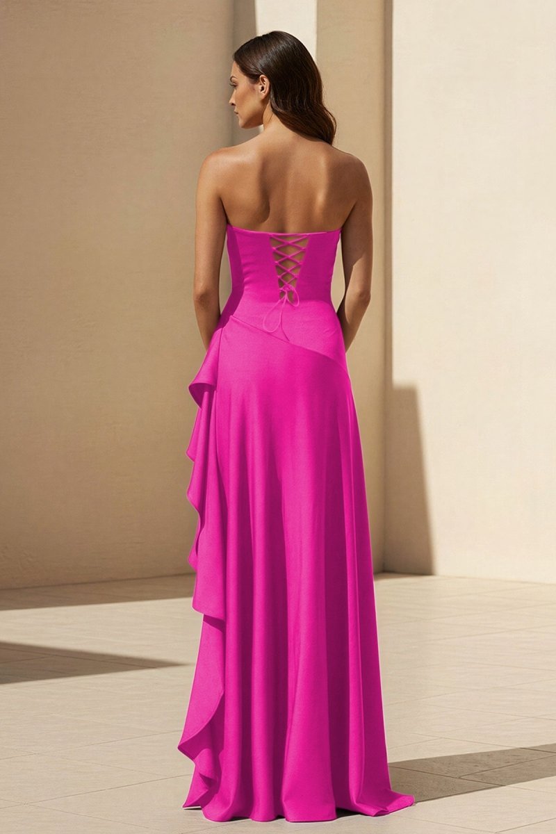 Noura | Magenta - Strapless A Line High Low Formal Prom Dresses With Ruffles - KissProm