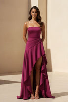 Noura | Magenta - Strapless A Line High Low Formal Prom Dresses With Ruffles - KissProm