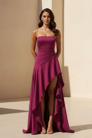 Noura | Magenta - Strapless A Line High Low Formal Prom Dresses With Ruffles - KissProm