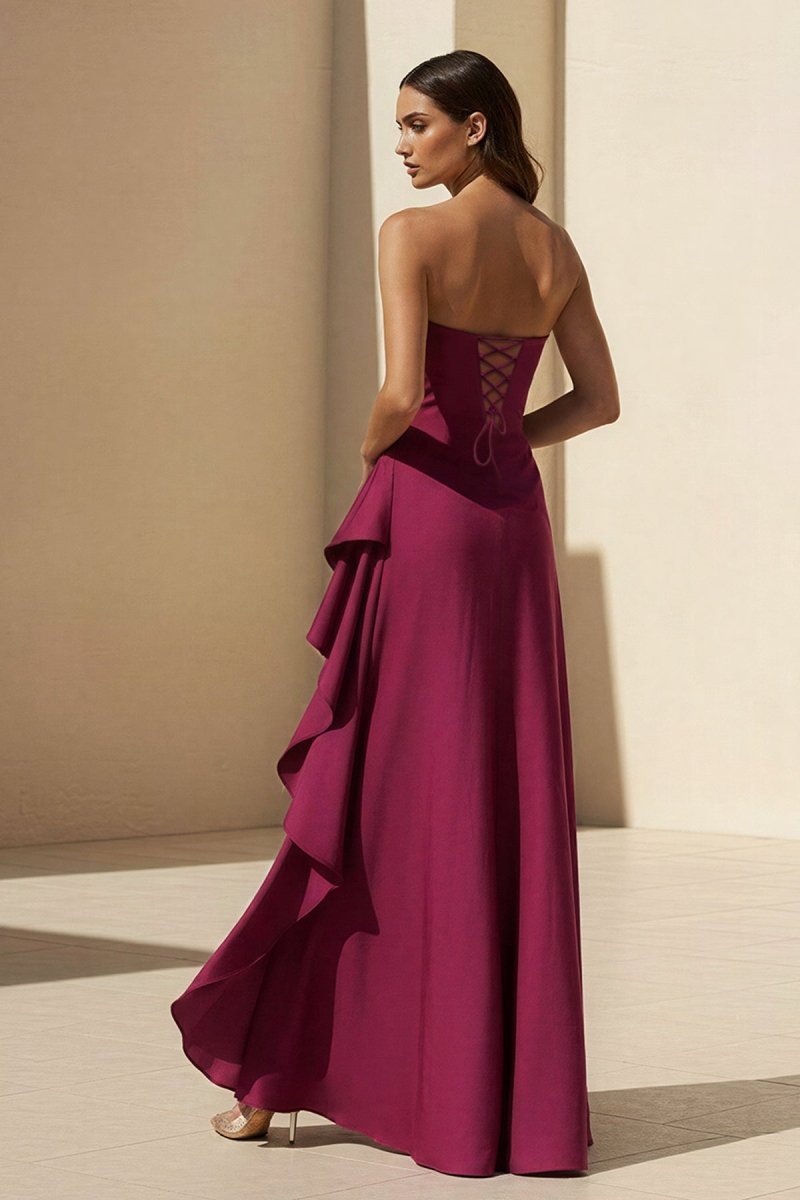 Noura | Magenta - Strapless A Line High Low Formal Prom Dresses With Ruffles - KissProm