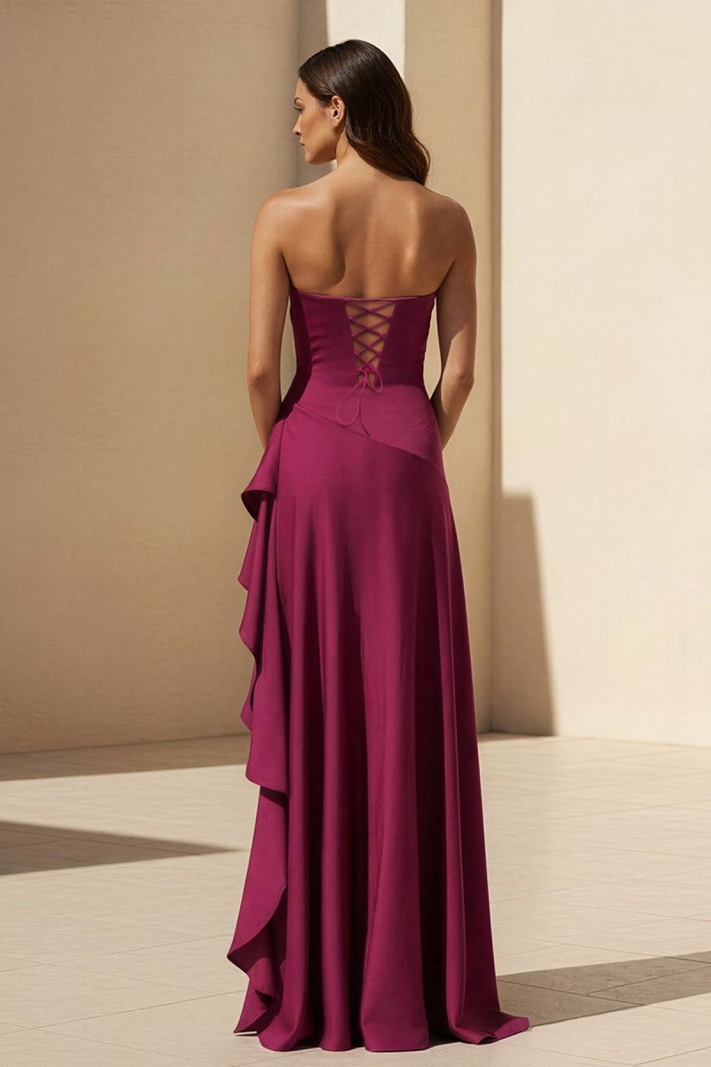 Noura | Magenta - Strapless A Line High Low Formal Prom Dresses With Ruffles - KissProm