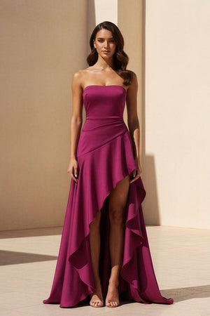Noura | Magenta - Strapless A Line High Low Formal Prom Dresses With Ruffles - KissProm