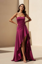 Noura | Magenta - Strapless A Line High Low Formal Prom Dresses With Ruffles - KissProm