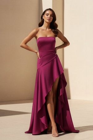 Noura | Magenta - Strapless A Line High Low Formal Prom Dresses With Ruffles - KissProm