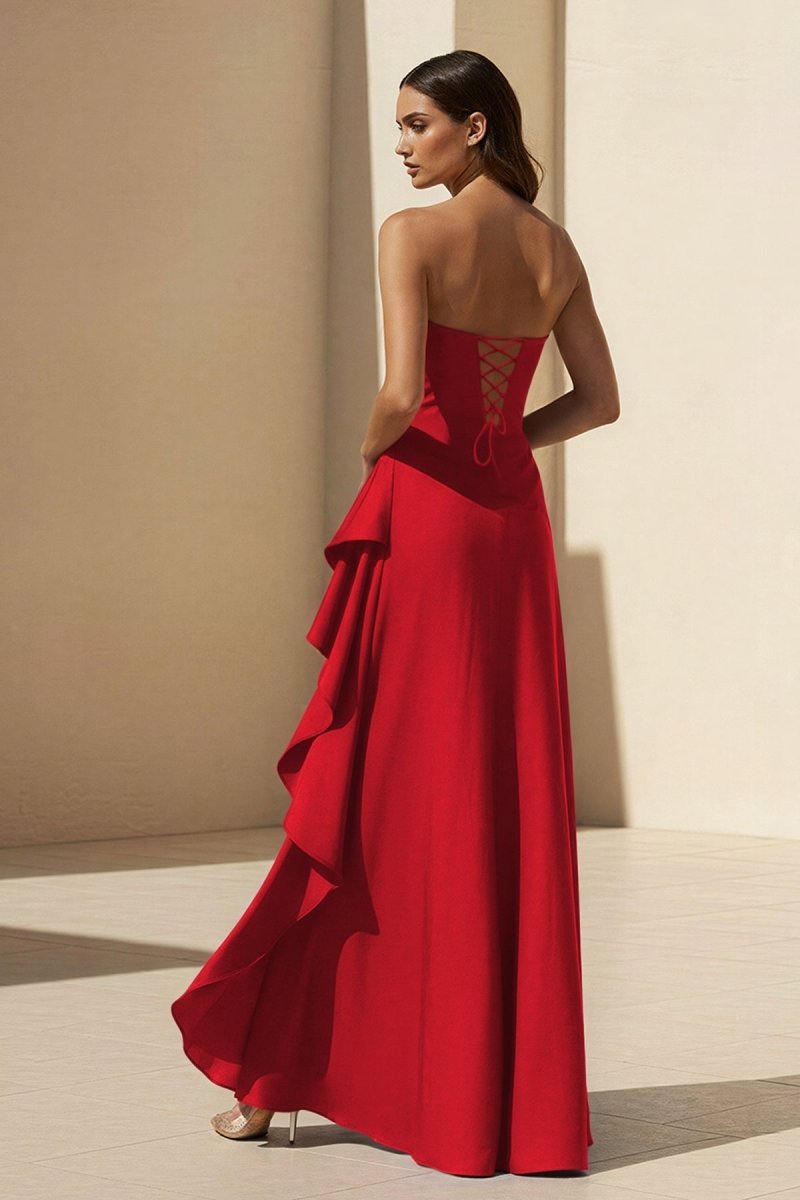 Noura | Magenta - Strapless A Line High Low Formal Prom Dresses With Ruffles - KissProm