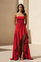 Noura | Magenta - Strapless A Line High Low Formal Prom Dresses With Ruffles - KissProm