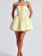 Nymeria | Yellow - A Line Satin Strapless Homecoming Dresses with Lace Panelings