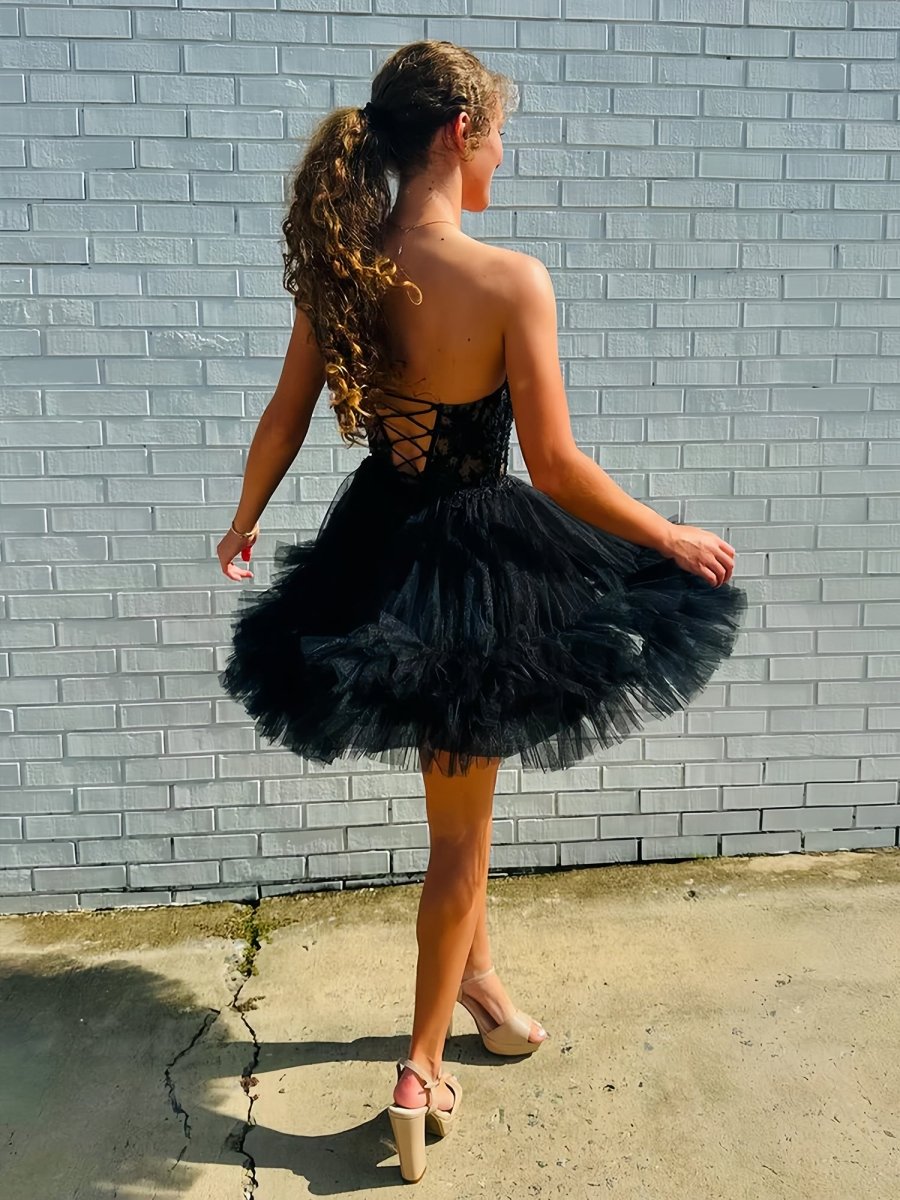 Oakeson | Black - A-Line Sweetheart Ruffle Tulle Homecoming Dress With Appliques
