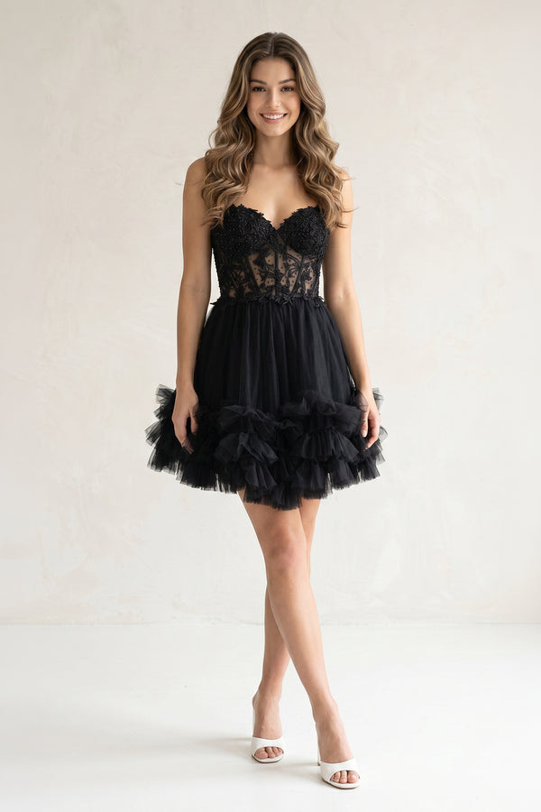 Pink A-Line Sweetheart Ruffle Tulle Homecoming Dress With Appliques - KissProm