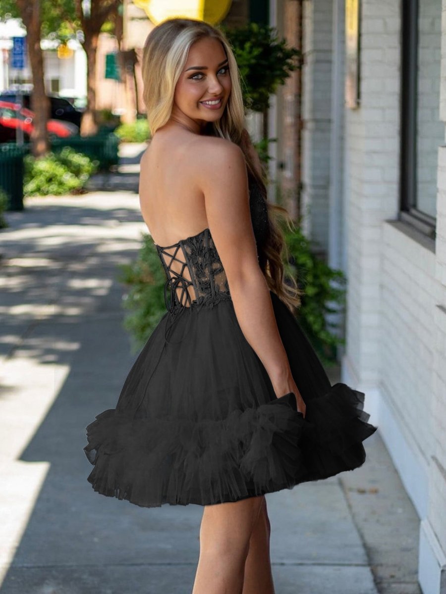 Oakeson | Black - A-Line Sweetheart Ruffle Tulle Homecoming Dress With Appliques